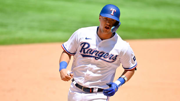 May 3, 2023; Arlington, Texas, USA; Texas Rangers third baseman Josh Jung (6) rounds the bases after he hits a two run home run against the Arizona Diamondbacks during the fifth inning at Globe Life Field. Mandatory Credit: Jerome Miron-USA TODAY Sports